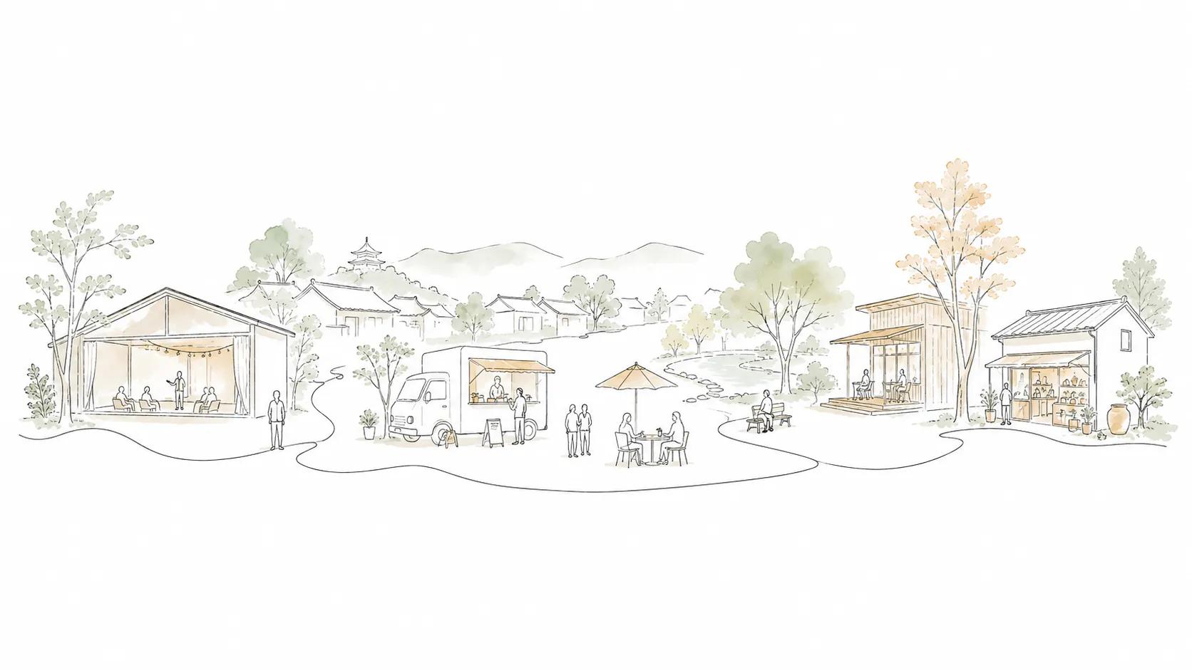 イベント会場、キッチンカー、公園や街がひとつにつながる風景