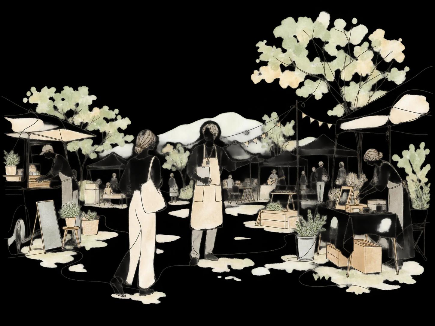 出店者を迎えるマルシェの風景